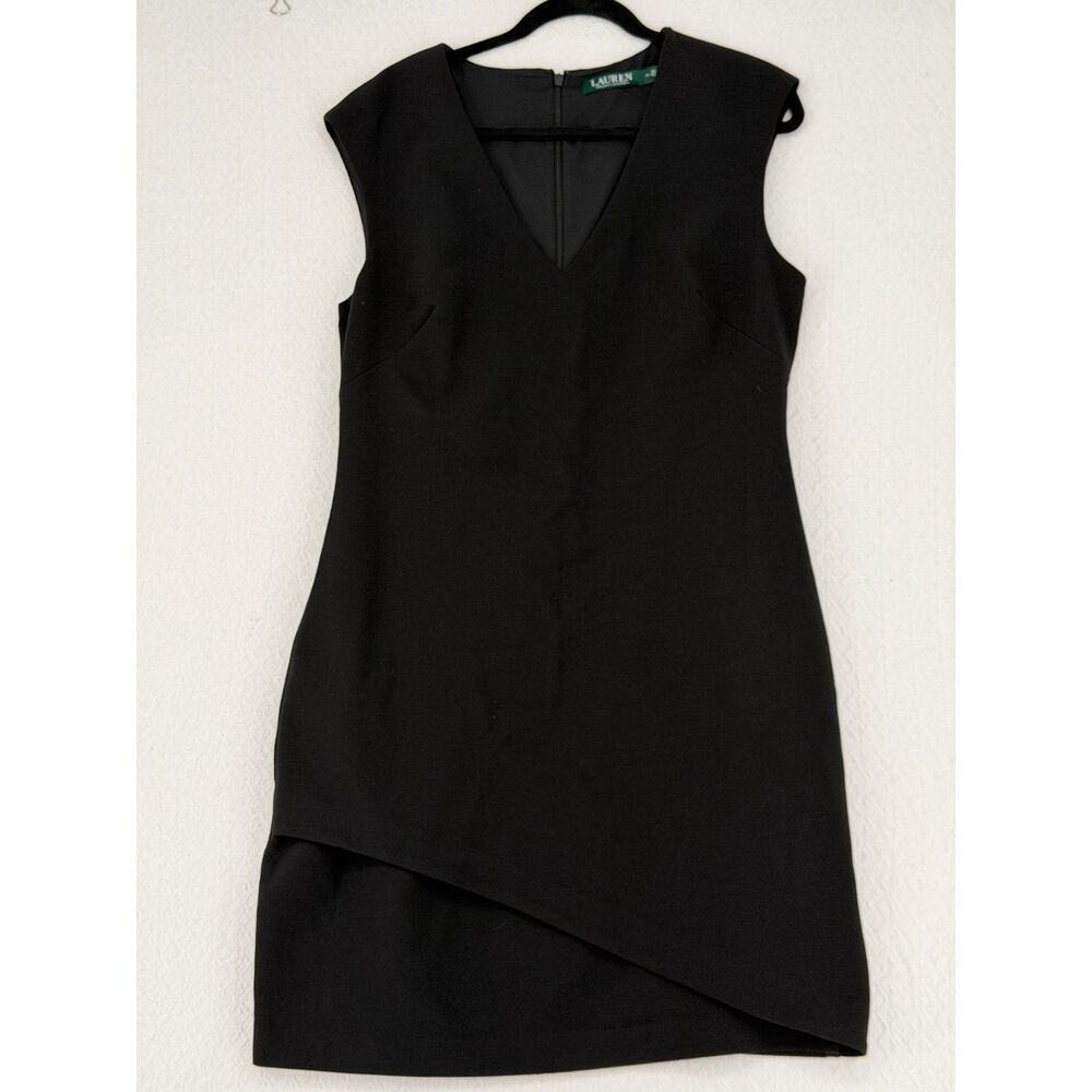 Lauren Ralph‎ Lauren Black V-Neck Asymmetrical Sheath Dress Size 14 Sleeveless